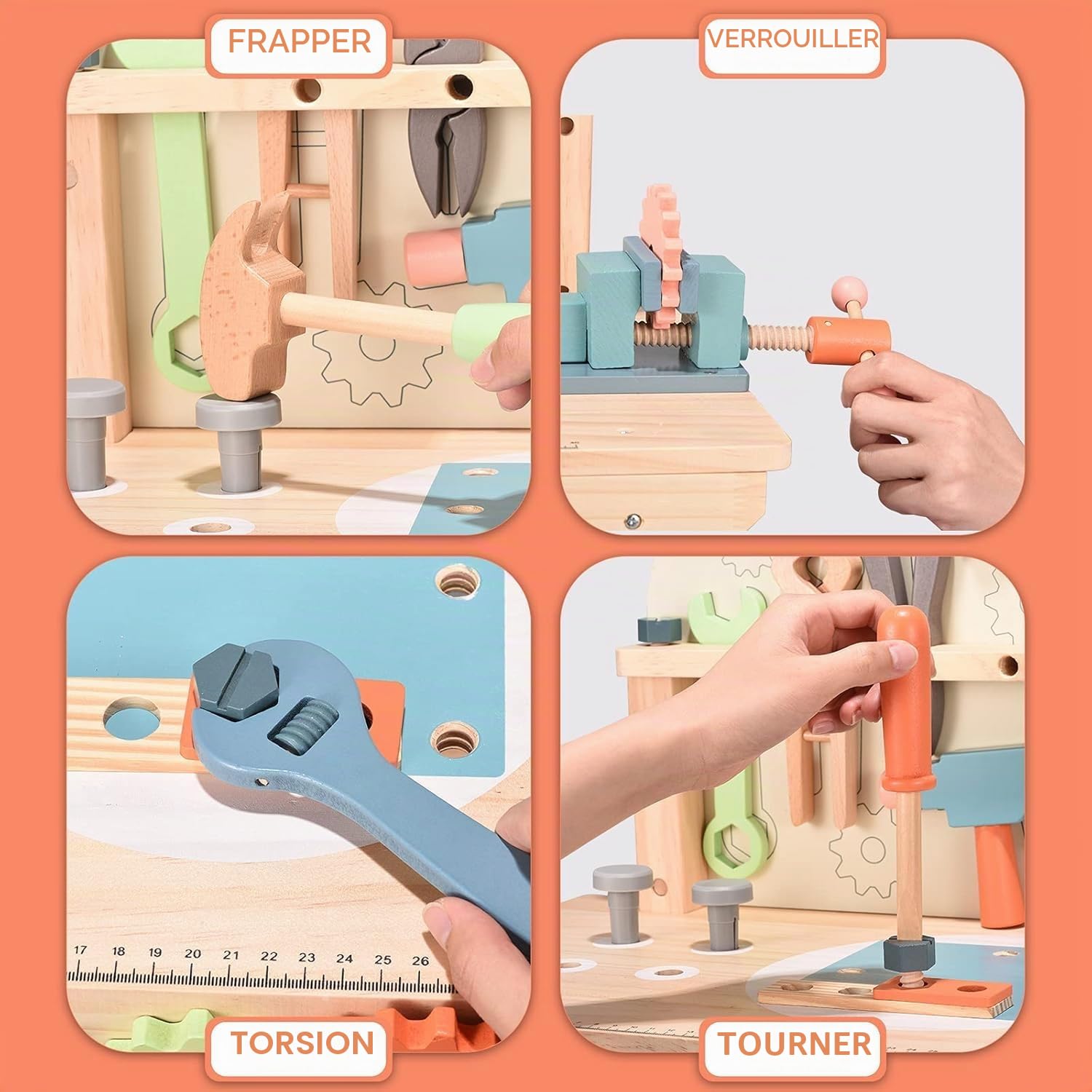 Établi en Bois pour Enfants, Outils de Jeu Banc à Outils en Bois Multifonction Maintenance des simulations Tableau d'outils de démontage des vis et écrous pour Les 3 Ans et Plus