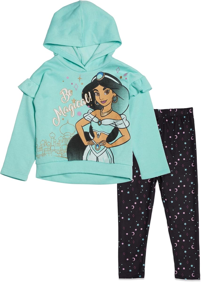 Conjunto de leggings y sudadera con capucha de forro polar de 2 piezas para niñas de Disney Princess | Conjunto coordinado de 2 piezas, acogedora sudadera con capucha de tejido polar, leggings con cinturilla elástica, gráficos serigrafiados, costuras duraderas