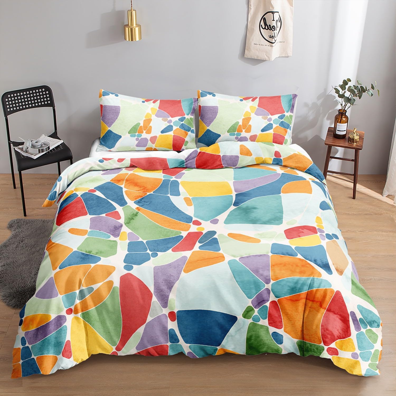 HOSIMA Colored Grid Bedding Set for Adults Boys and Girls Colored Grid Print Duvet Cover with 2 Pillowcases Colored Grid1 S