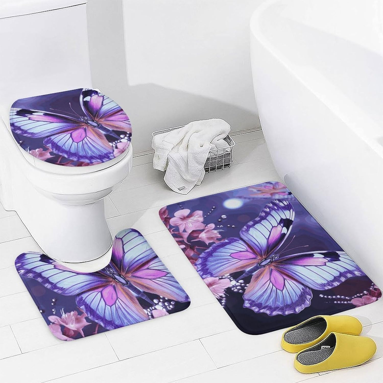Purple Butterfly Shower Curtains Set 4 Piece with Non-Slip Rugs, Toilet Lid Cover and Bath Mat Soft Bathroom Carpet Waterproof Bathroom Curtain with 12 Hooks for Bathroom Decor