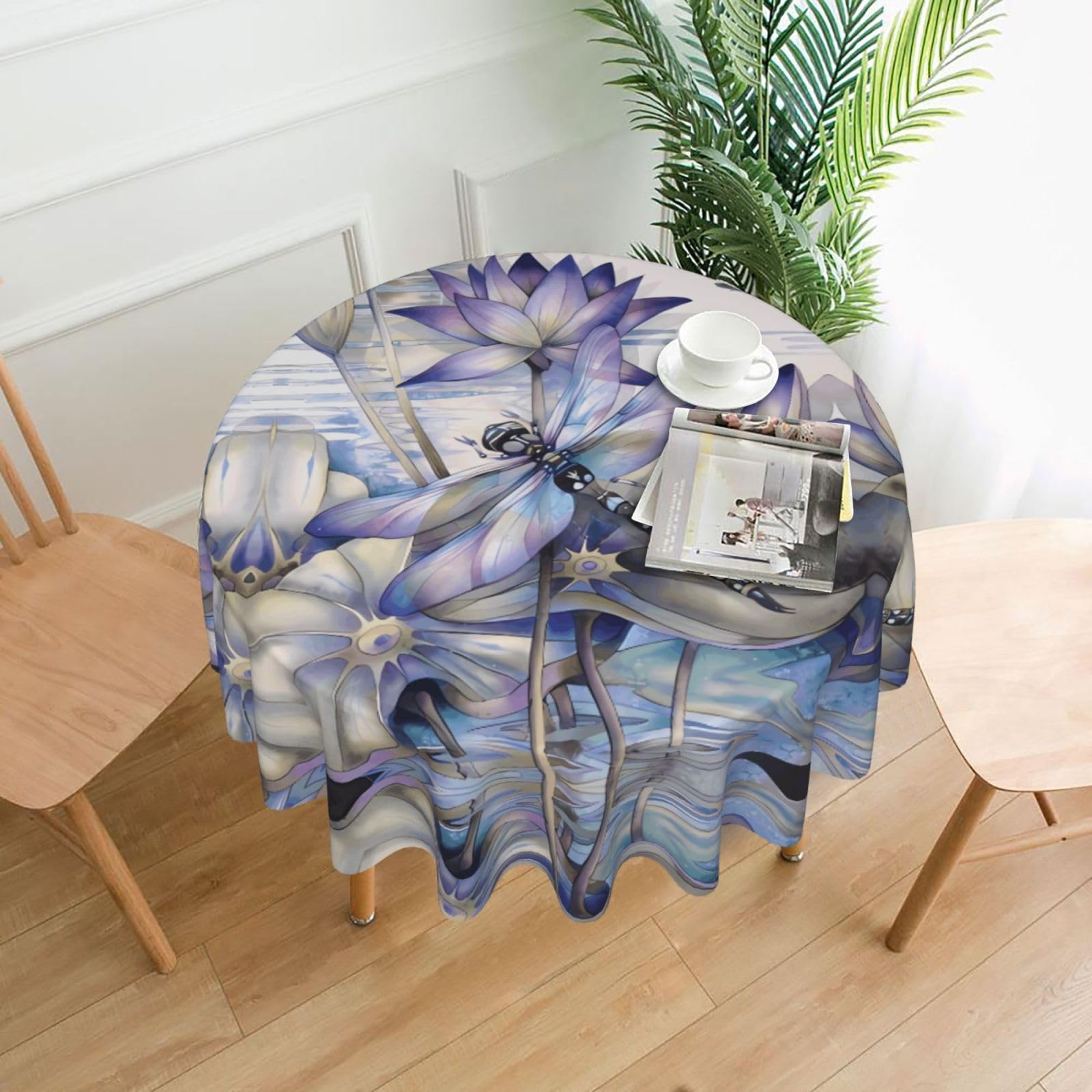 WHJSHOP dragonfly on lotus flower Prints Round Table Throw 60 Inch – Waterproof Table Cover for Dining, Coffee Tables, Parties & More - Soft, Wrinkle-Resistant Table Layer