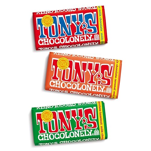 Tony's Chocolonely Paquete de chocolate con leche, chocolate con leche, avellana, caramelo, barras de caramelo de tamaño completo, barras de