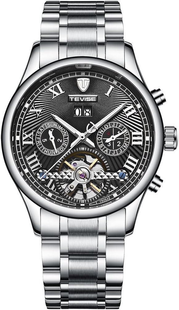 Men's Swiss Automatic Movement Watch Stainless Steel Date Skeleton Tourbillon Watch (Black)