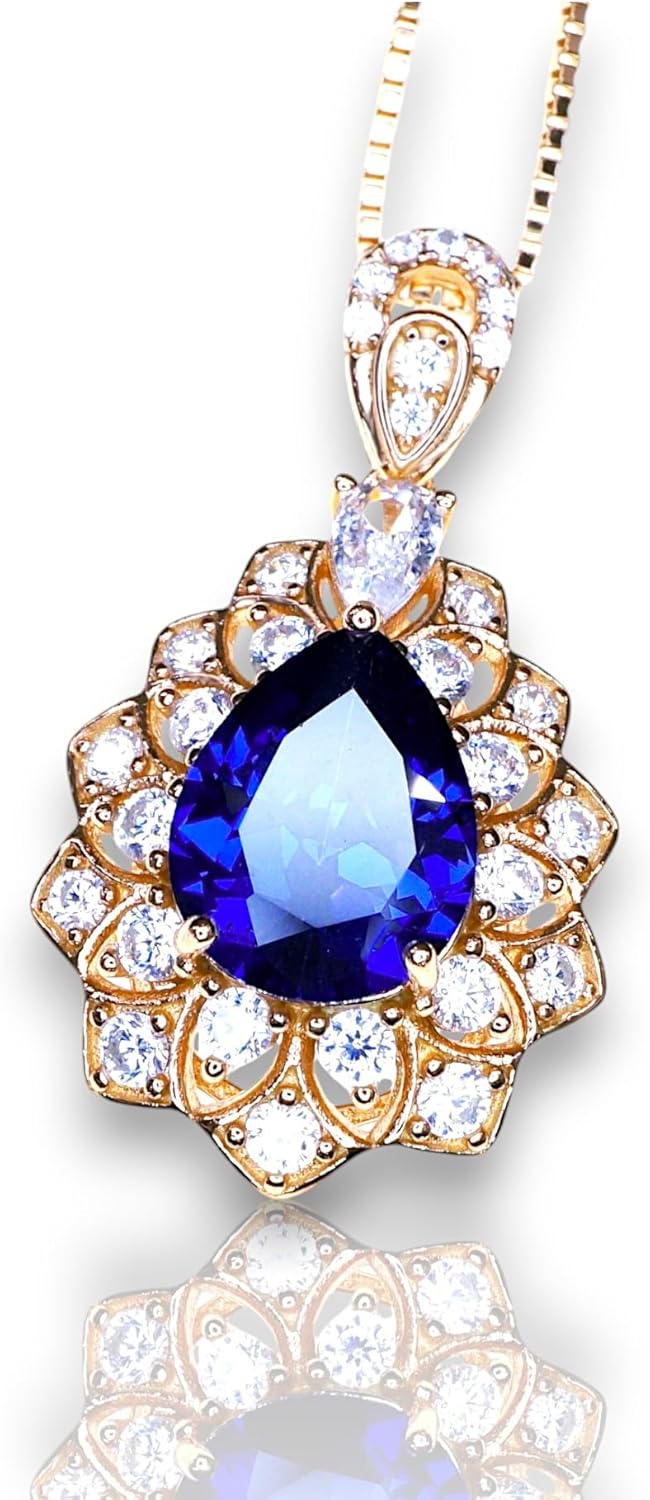 Teardrop Tanzanite Necklace - Rose Gold Sterling Silver - 3 Ct Lab Growing Blue Tanzanite Pendant - December Birthstone - Layered Lily Flower Jewelry 18" #751