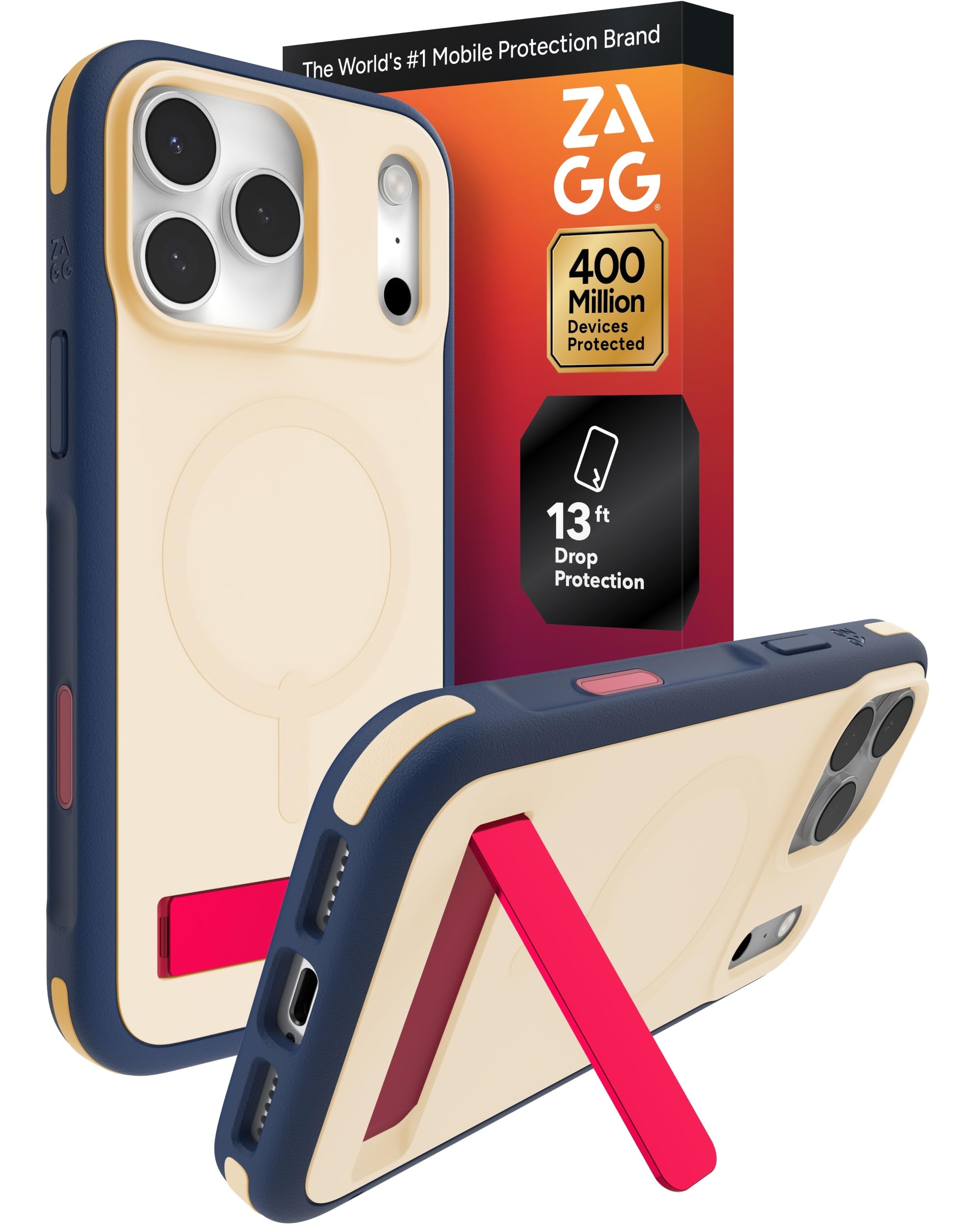 ZAGG Sedona Snap Case with Kickstand for iPhone 17 Pro Max - Red Light &amp; Blue, Drop Protection (13ft/4m), Multi-Layer Protection, with Camera Button, MagSafe Phone Case with Impact-Absorbing Bumpers