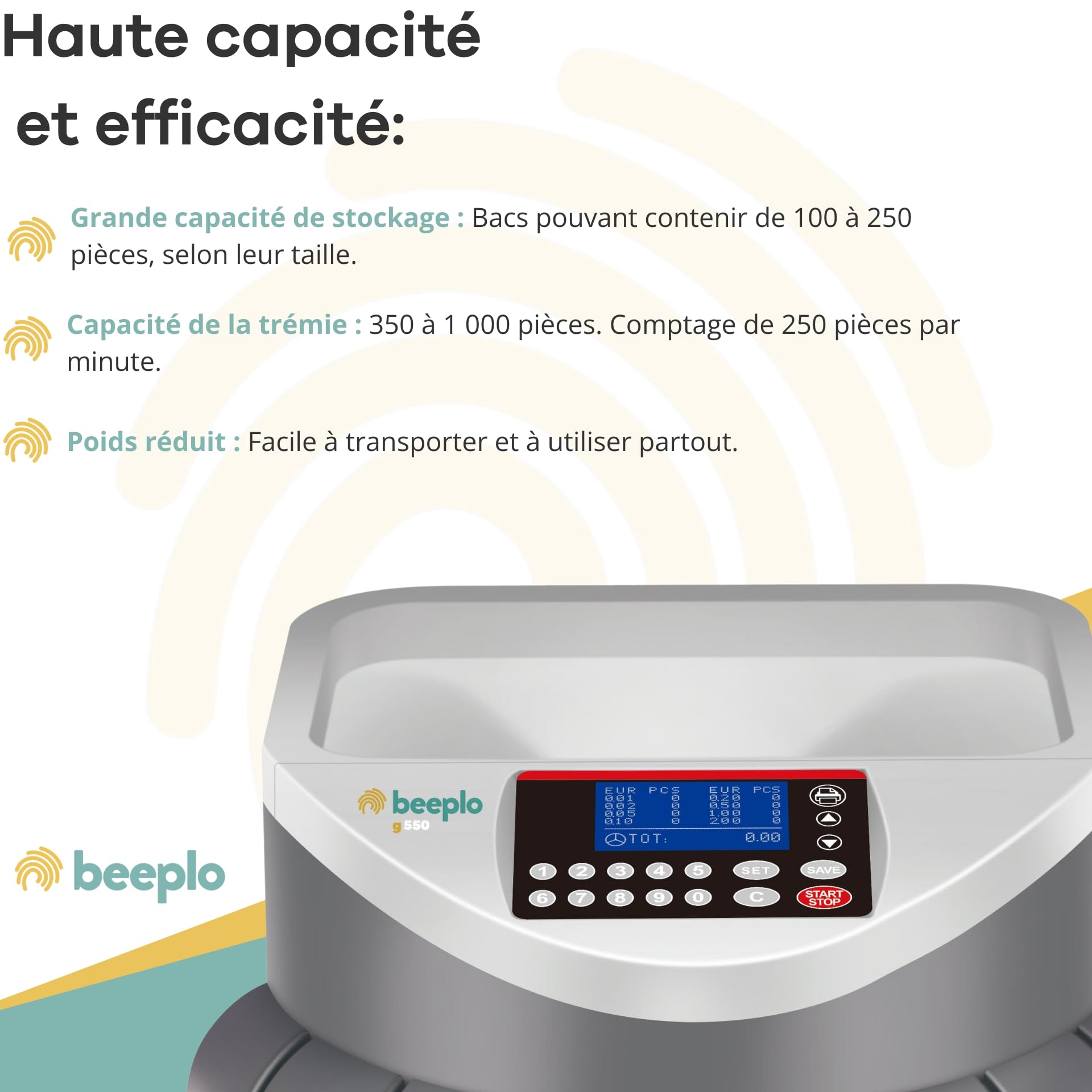 g-550 | Compteur de pièces en euros | Jusqu'à 800 pièces par cycle | Indique la valeur totale et par pièce | Précision Totale | Garantie 4 ans