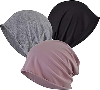 Pack of 3 Women's Beanie, Chemo Headgear, Cotton Hats for Chemotherapy, Sleep Cap, Headgear Chemo, Thin Slouch Cotton Hat, Breathable Hat, Black, Pink, Grey (Thin)
