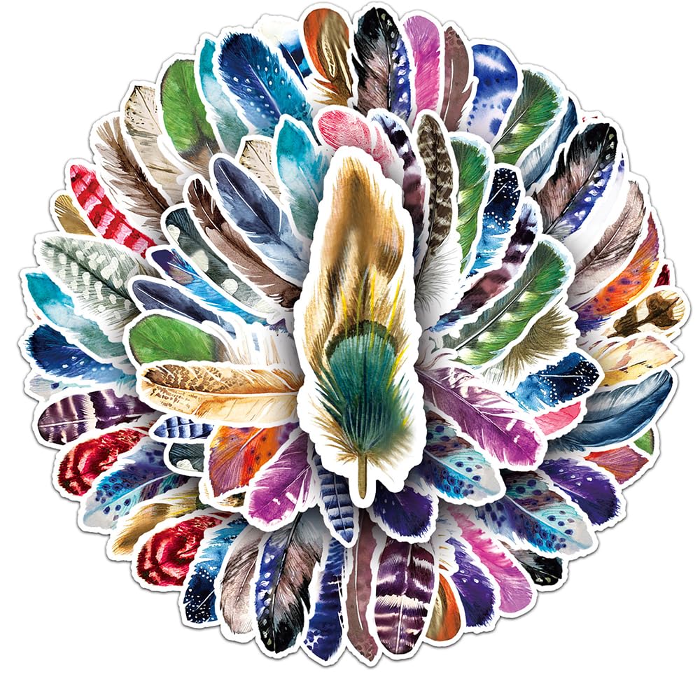Watercolor Feather Vinyl Stickers, 50 PCS Waterproof Decals for Laptops Scrapbooking, Journals, Notebooks, Water Bottles
