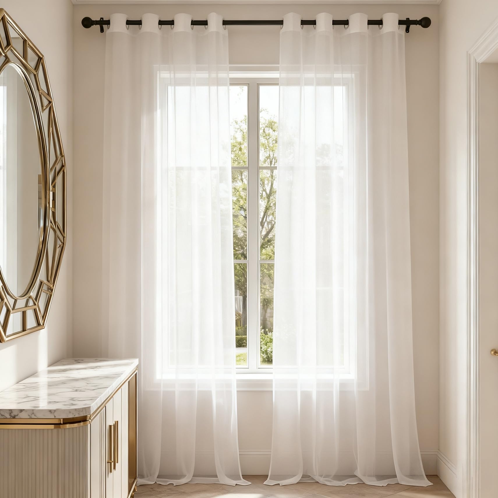 Rideaux voilage blanc 160x253 cm translucide et anti-UV pour filtrer la lumière du salon