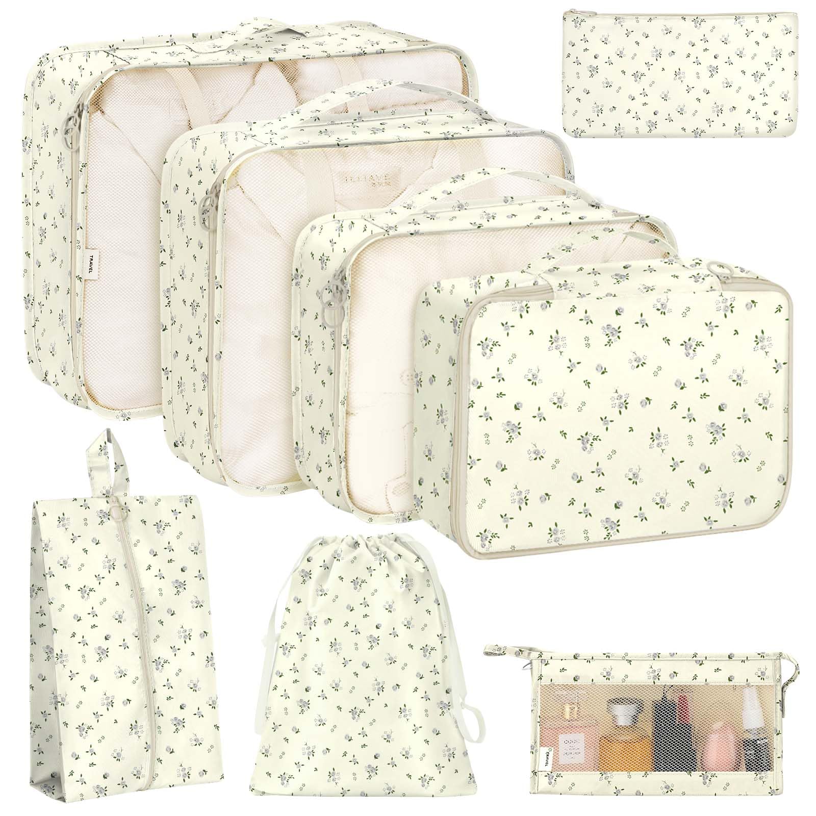 KPX 8 Set Packing Cubes for Travel, Luggage Packing Organizers Accessories Large Toiletries Bag for Clothes Shoes Cosmetics (8Set-Gray Flower)