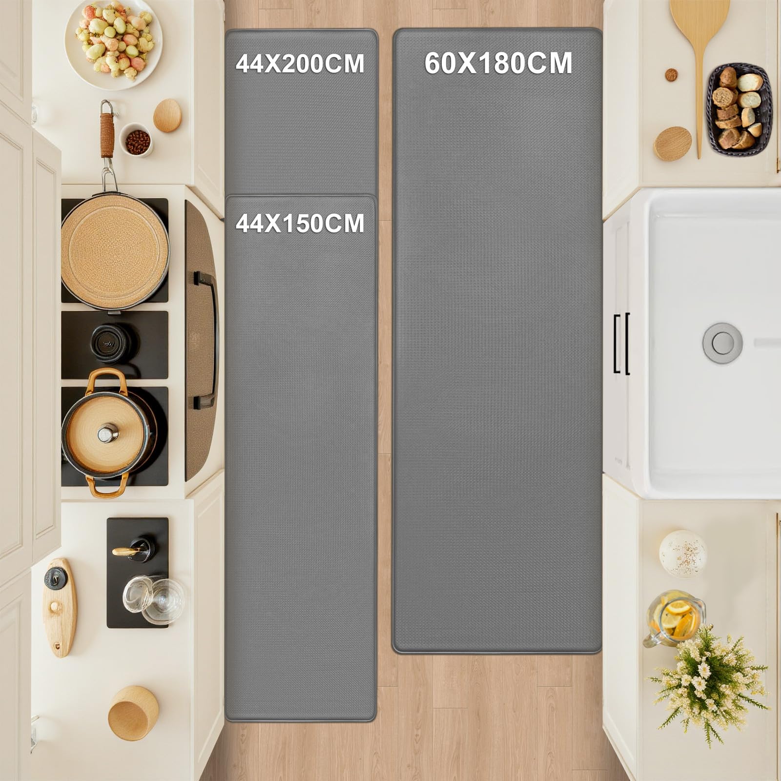 LEKEEPGO Alfombra Cocina Lavable Antideslizante 44x200cm, Impermeable, Alfombra de Cocina Antifatiga para Pasillo, Comedor, Lavadero, Gris