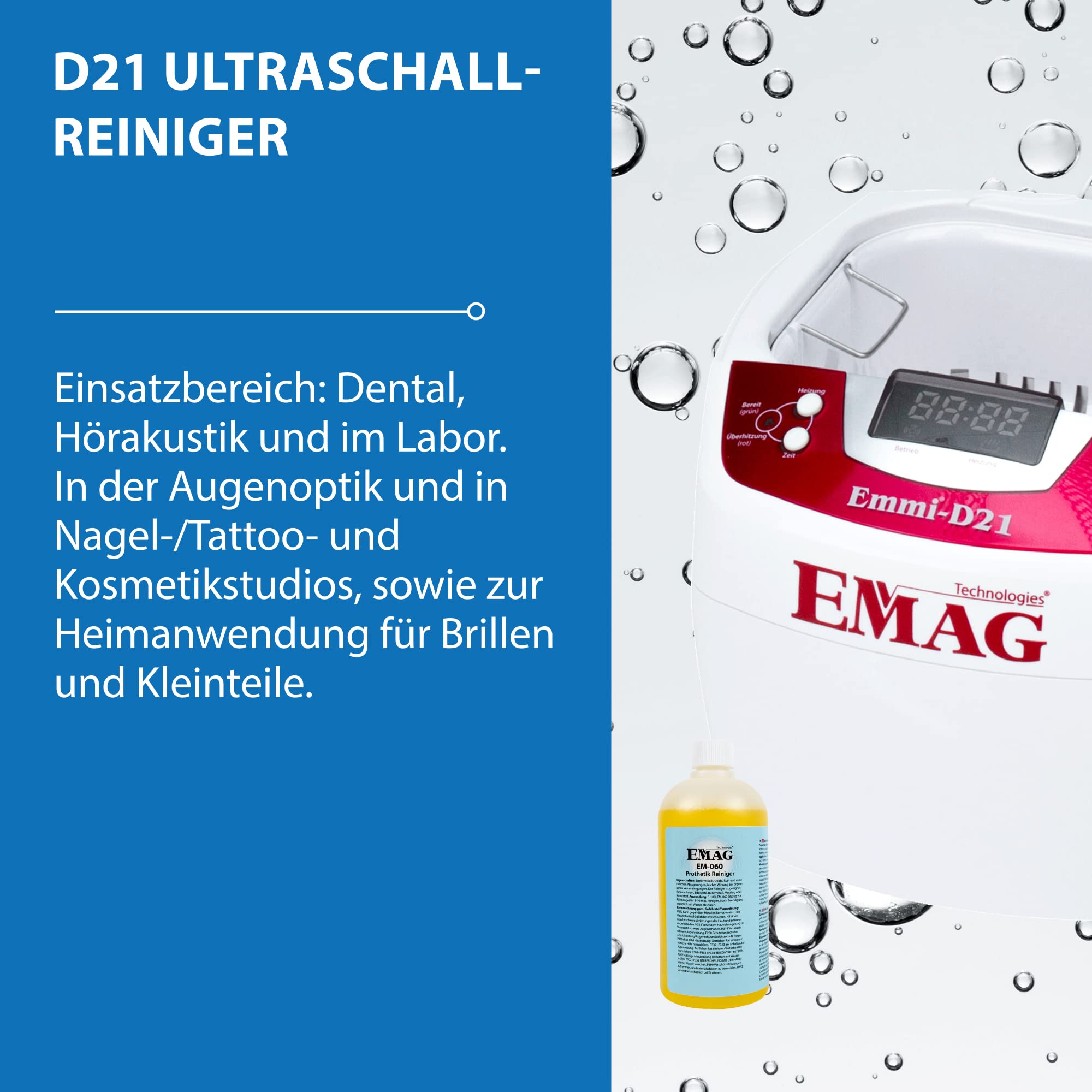 EMAG Ultraschallreiniger D21 – Brillenreinigungsgerät & Schmuckreiniger, auch für Dentalprodukte & Uhren, leistungsstarkes Ultraschallreinigungsgerät aus Deutschland - gründlich & schonend reinigend