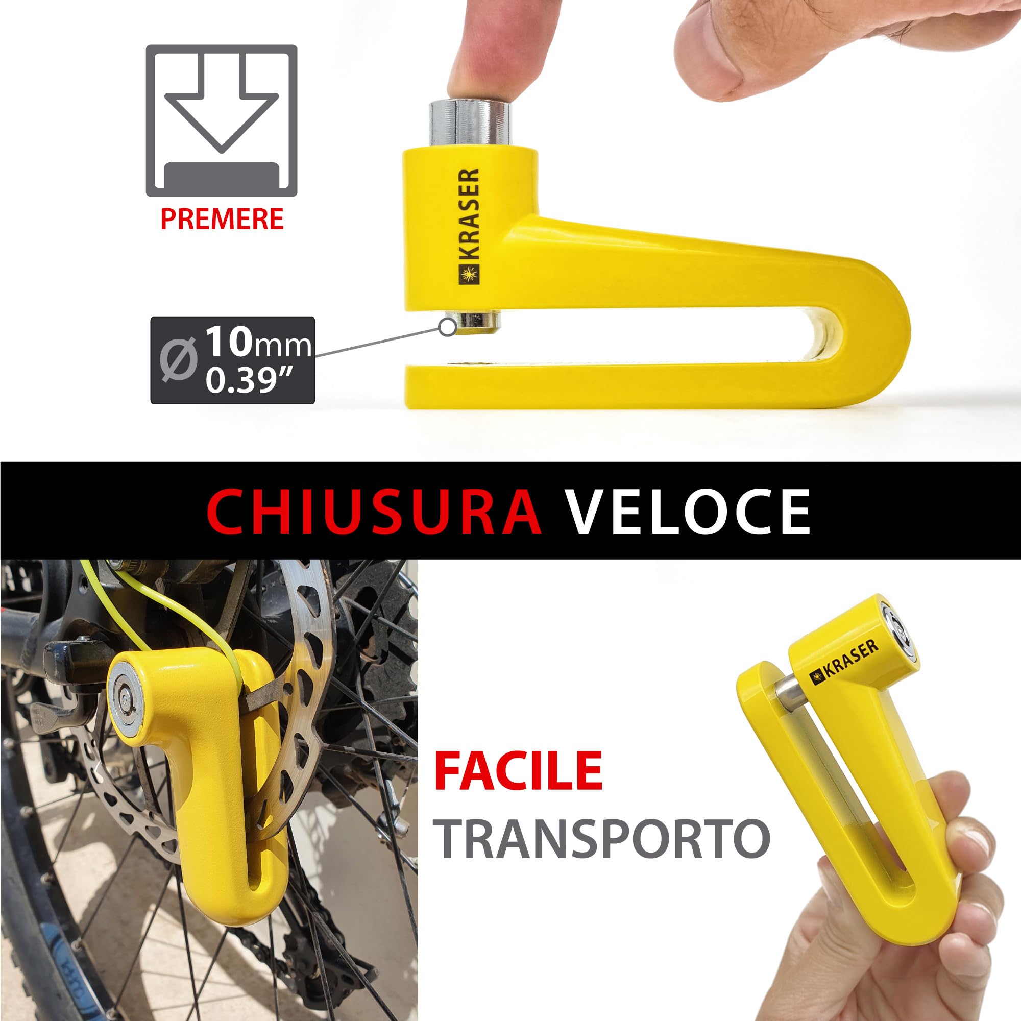 KRASER KR710Y Bloccadisco per Moto, Giallo ø10mm Più Deterrente, Serratura Anti-trapano, Sicurezza Compatta Facile da Trasportare, Lucchetto Antifurto Moto, Scooter, Bicicletta Elettrica, Monopattino