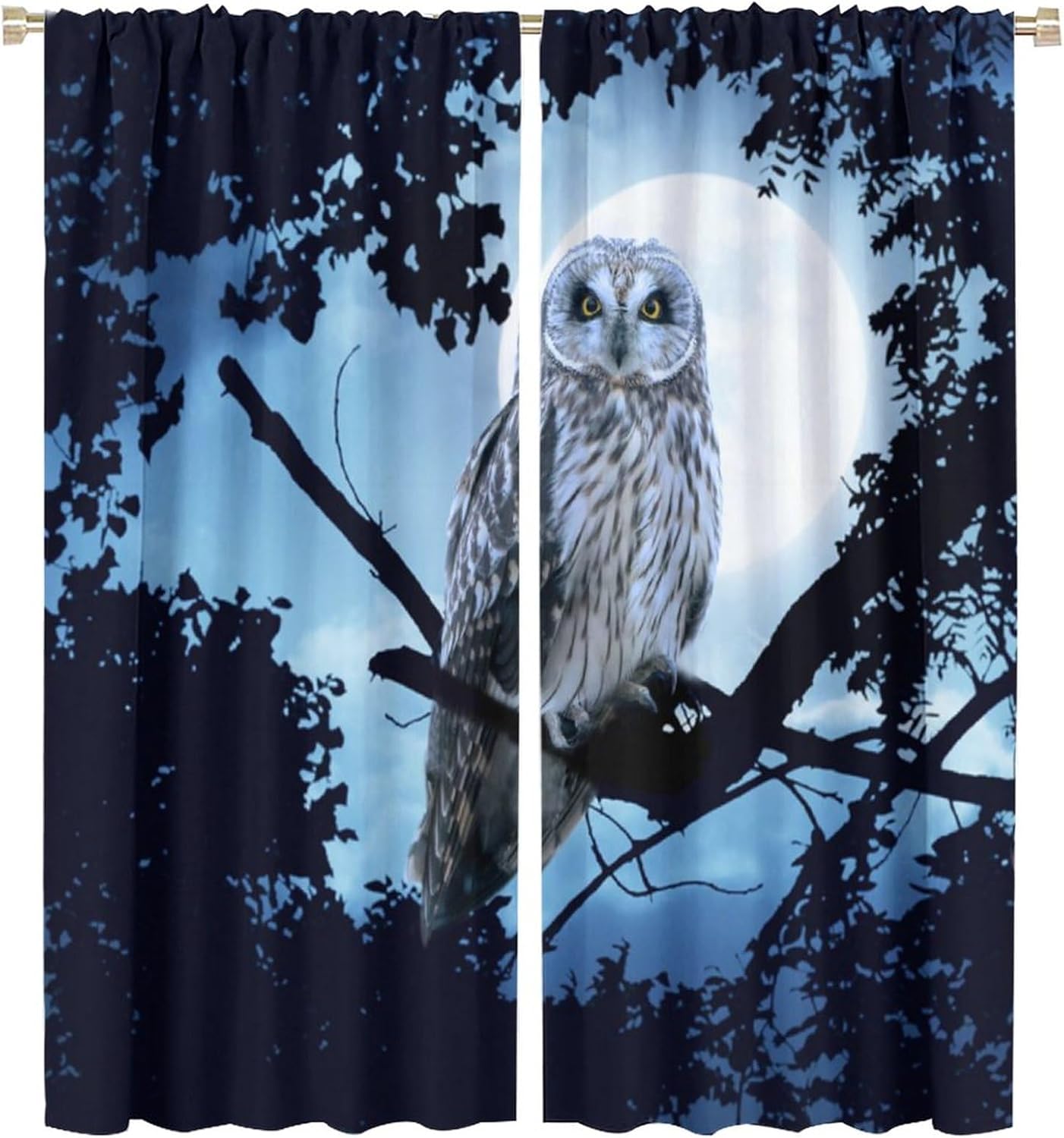 Cute Animals Owl Curtains Funny Forest Night Animal Owl Full Moon Window Drapes Rod Pocket Curtains Darkening Thermal Insulated for Living Room 2 Panels 63" L x 27.5" W