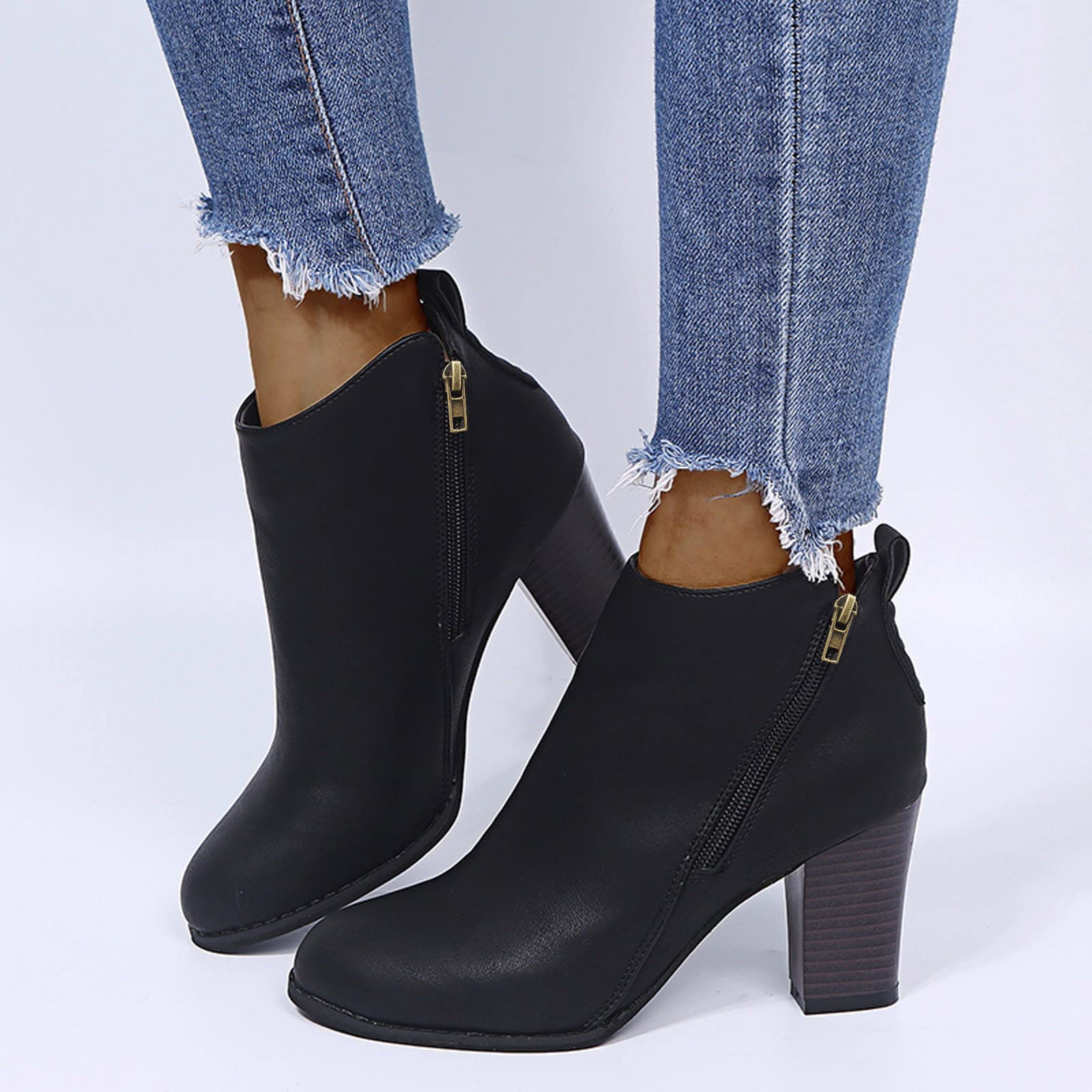 Stivali da donna con punta rotonda, chiusura lampo, tacco corto, stivaletti eleganti, design solido
