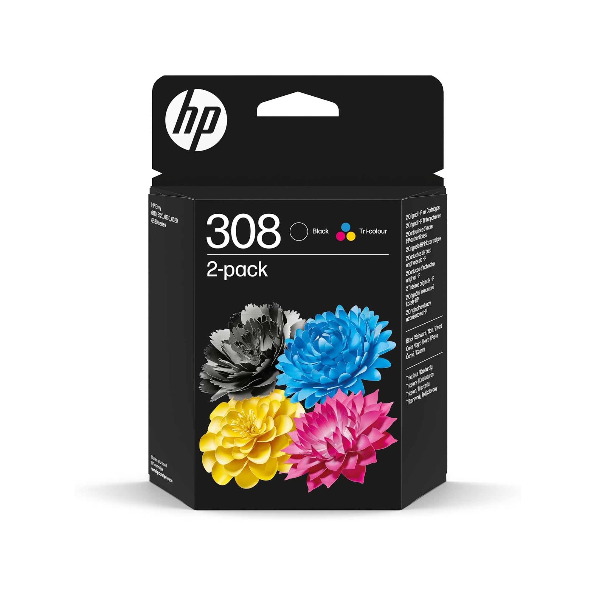 HP 308 Negro y Tricolor Original Cartuchos de Tinta, 2 Paquete, 280 Páginas, Compatible con Envy 6110e, 6120e, 6122e, 6130e, 6132e, 6520e, 6530e, 6532e