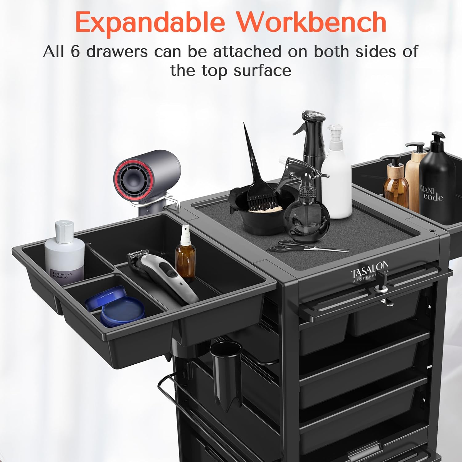 Black Lockable Salon Trolley Cart with 6 Drawers and Tool Holders