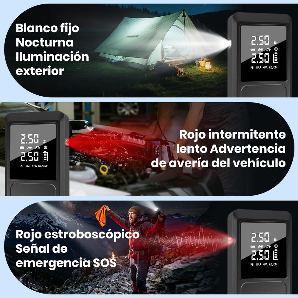 Junsun Arrancador de Batería 12V con Compresor de Aire 150 PSI y Power Bank 10000mAh, Inflador Portátil para Coche Gasolina y Diésel, Arranque de Emergencia, Pantalla LCD, Carga Rápida y Luz LED