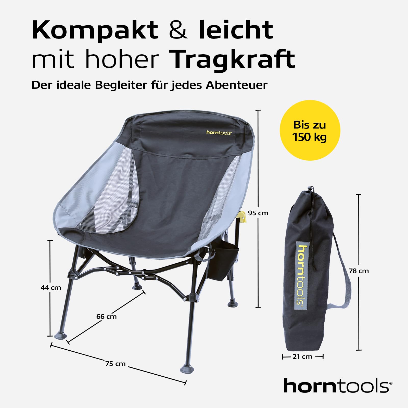 horntools Campingstuhl Faltbar 150 kg - Klappstuhl Robust & Leicht - Angelstuhl mit Getränkehalter & Tragetasche - Ideal für Camping, Outdoor & Wandern