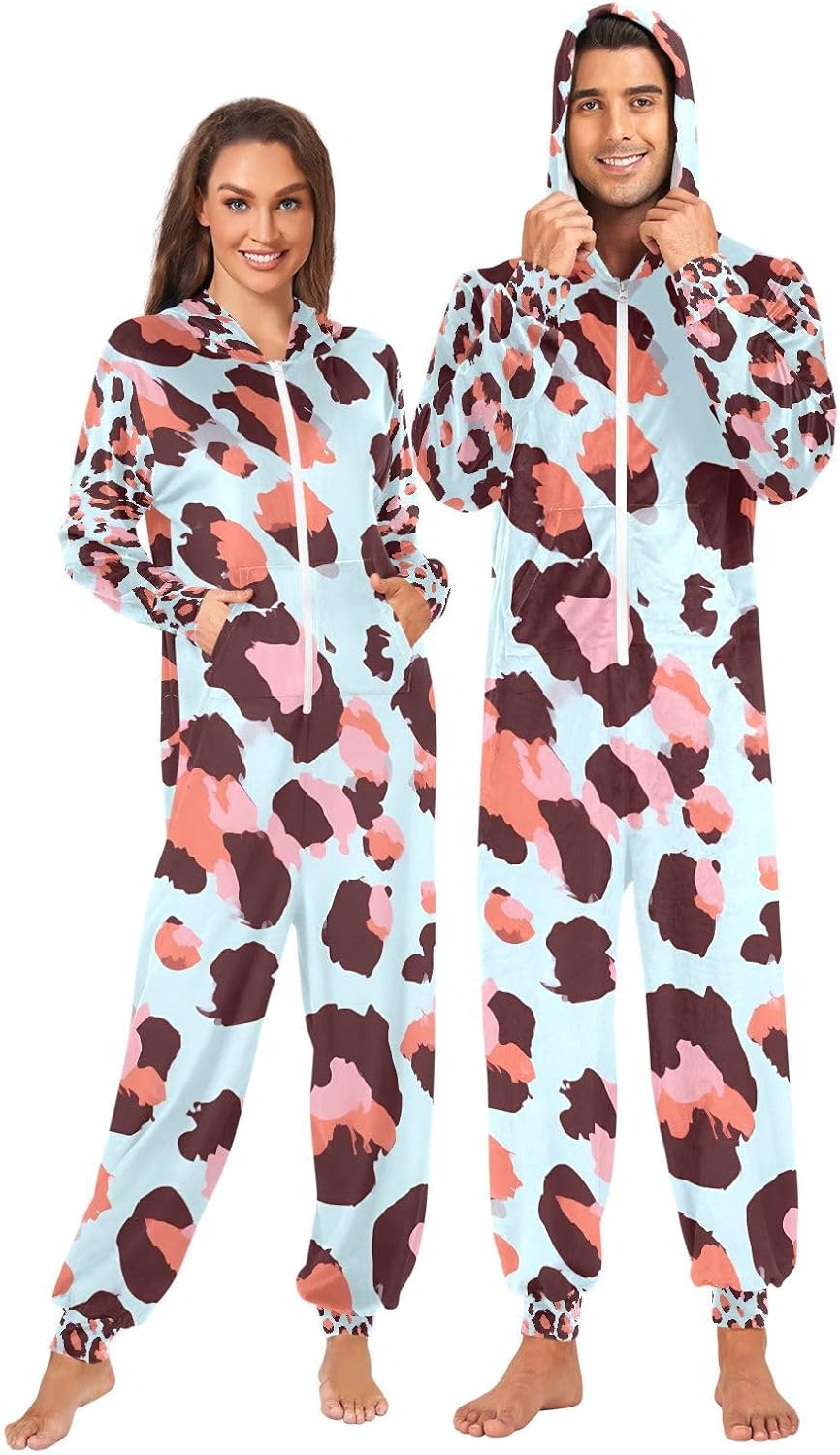 Pink Leopard Print Cheetah Unisex Adult Onesie Pajamas Comfy One Piece Costume Jumpsuits Novelty Sleepwear Homewear for Men Women
