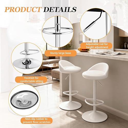 Miniatura 5 de Juego de 4 taburetes de bar, modernos taburetes giratorios con respaldo bajo, sillas de bar ajustables tapizadas, taburetes de bar de piel