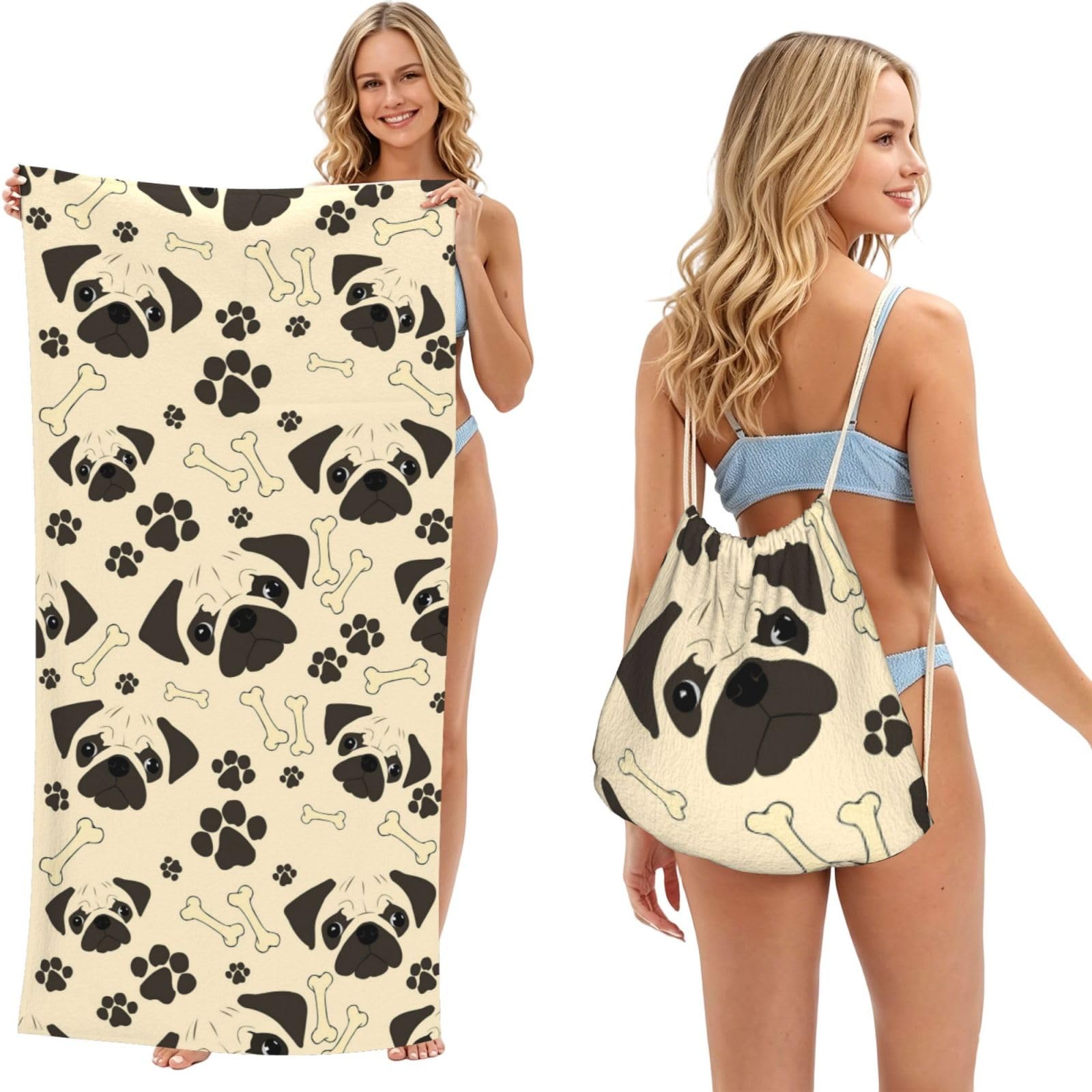 Poadnly As Picture Pug Dog Pattern, 2 In 1 Packable Towel Bag, Beach Towels With Drawstring Backpack For Travel Holiday Camping