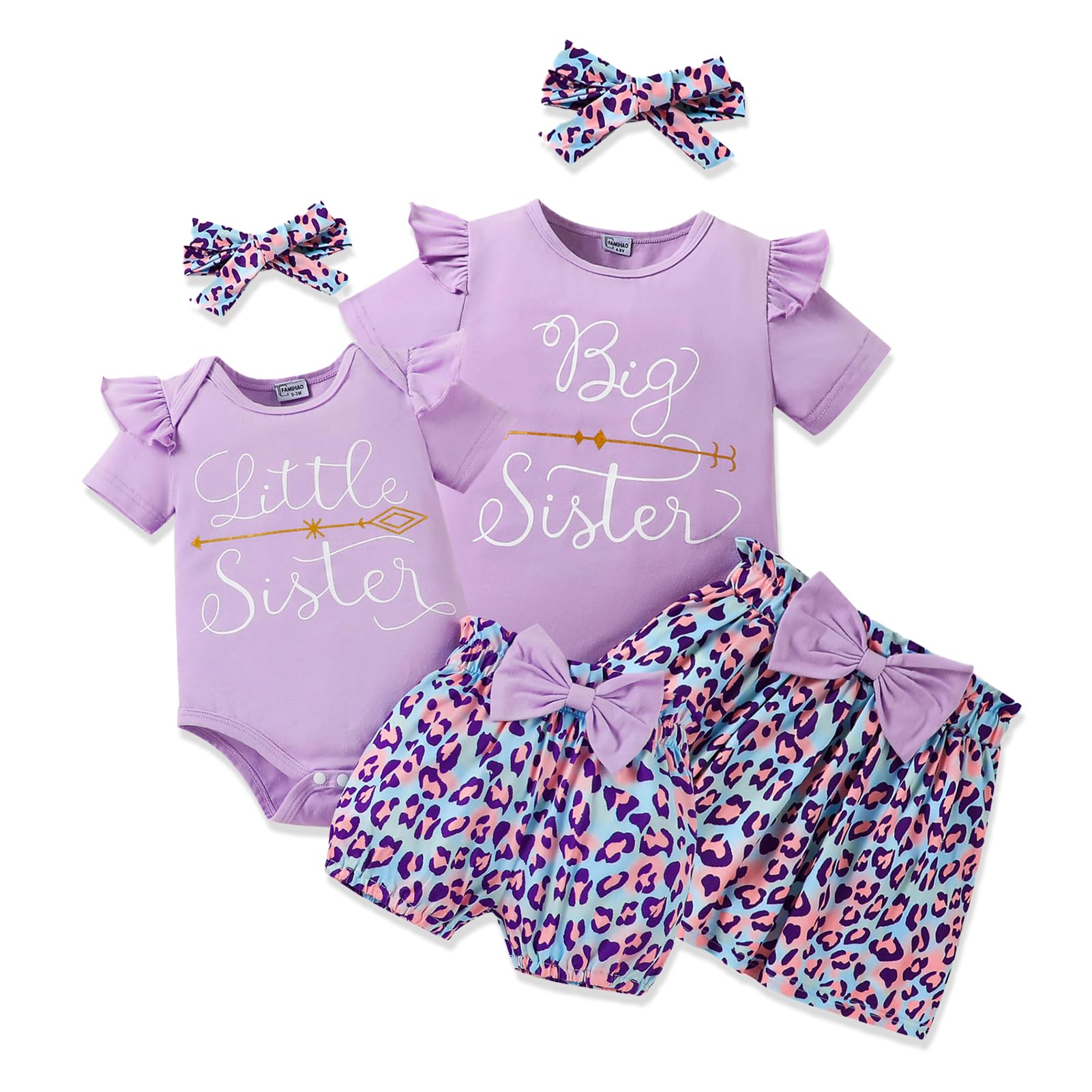 FAMIHAO Big Sister Little Sister Matching Outfits Toddler Girl Clothes Newborn Baby Ruffle Romper Floral Pants/Skirts Headband 3Pcs,5-6Y Purple