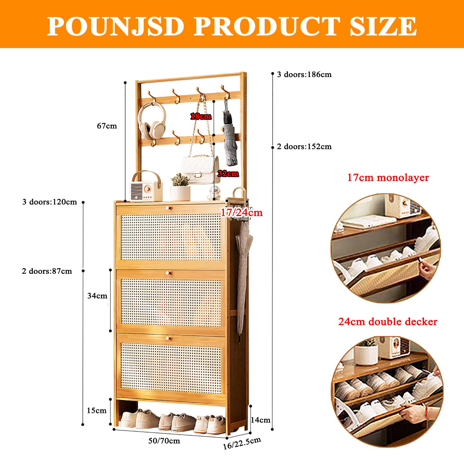 Zapatero de bambú con Puertas, Zapatero Entrada recibidor Estrecho, Mueble Zapatero recibidor Ratan, Armario Zapatero para la Entrada Slim, para Entrada, Pasillo Sala De Estar 70×17×152cm