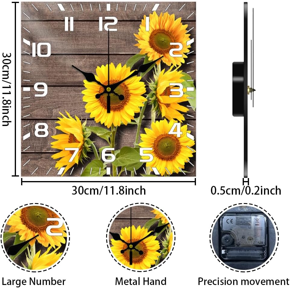 CHGCRAFT 12inch Sunflower Vintage Pattern Wall Clock Silent Square Wall Clocks Battery Operated Rustic Farmhouse Clock for Home Decor Living Room Kitchen Office