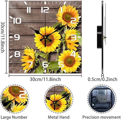Miniatura 2 de CHGCRAFT Reloj de pared de 12 pulgadas con patrón vintage de girasol, reloj de pared cuadrado de madera silencioso, funciona con pilas, reloj de