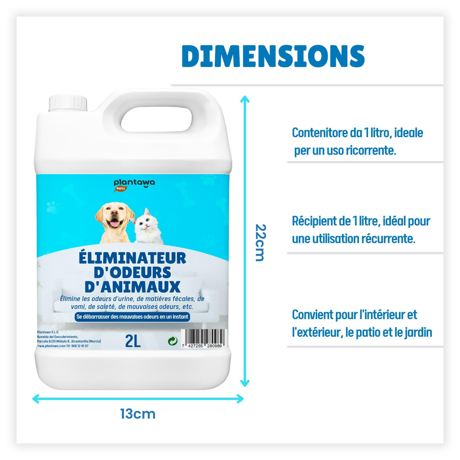 PLANTAWA Éliminateur instantané d'odeurs d'animaux domestiques 2L. Neutraliseur Enzymatique Odeurs Urine Fèces Vomissements. Intérieur et extérieur, Patio Jardin. Anti Odeur Urine Chiens Chats.