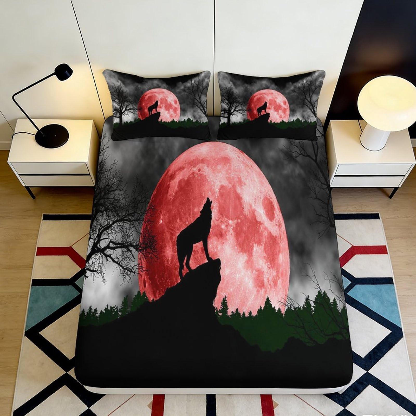 3D Printed Red Moon Wolf Fitted Sheet Microfiber Soft Breathable Night Sky Bed Cover for Bedroom Dormitory Guest Room Mattress Protection Decor 200x200x25cm