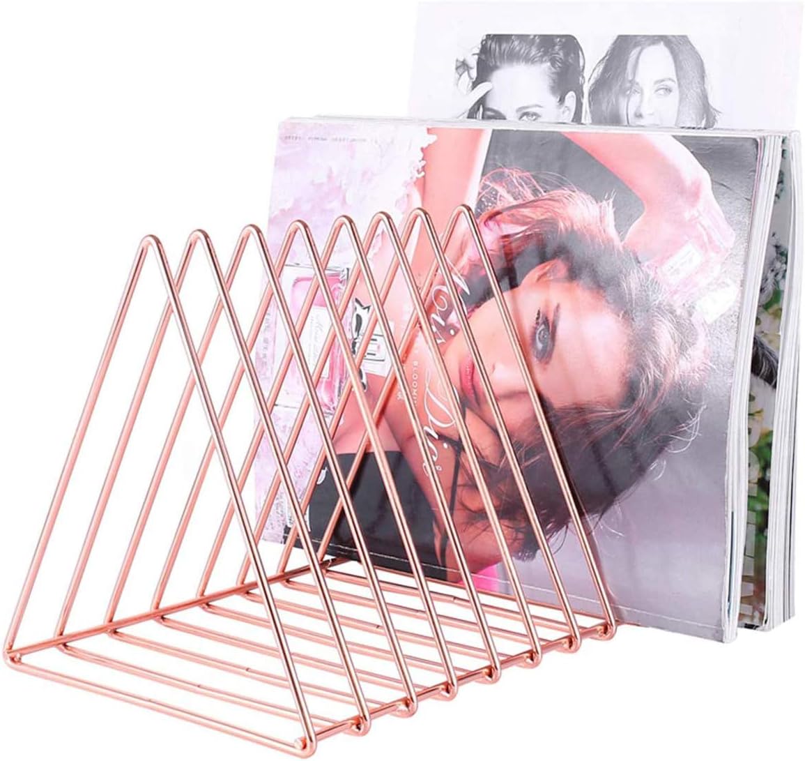 Urban Deco Triangle Desk Organizers Metal Wire Magazine Holder 10 Sections Decorative File Folder Organizer Vinyl Record Storage Office File Organizer For Desk - Rose Gold Magazine File Holder