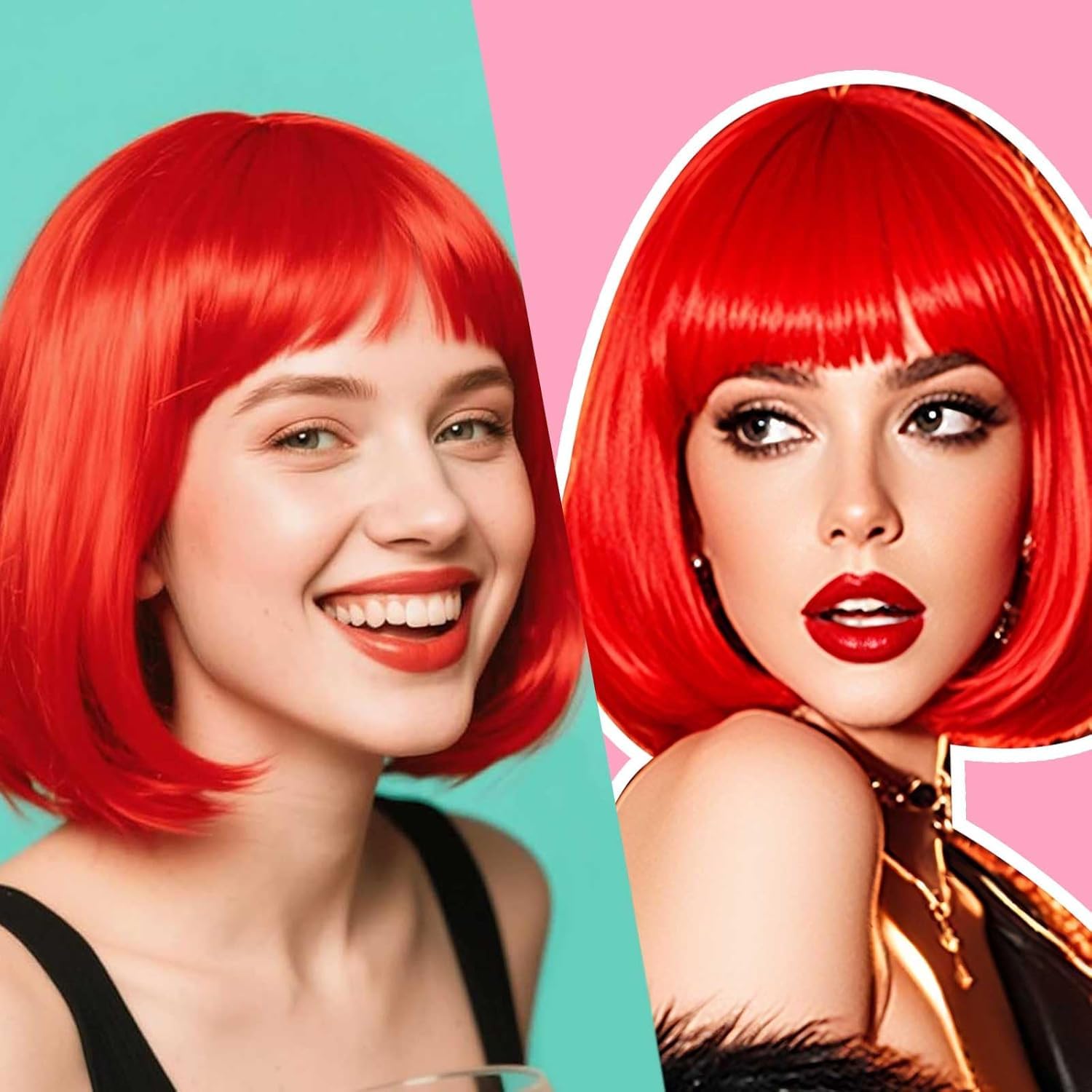 PORSMEER Short Hot Red Bob Wigs with Fringe For Unisex Womens Girls Natural Synthetic Hair Colorful Costume Cosplay Wig for Anime Halloween Fancy Dress Party+Wig Cap - Image 2