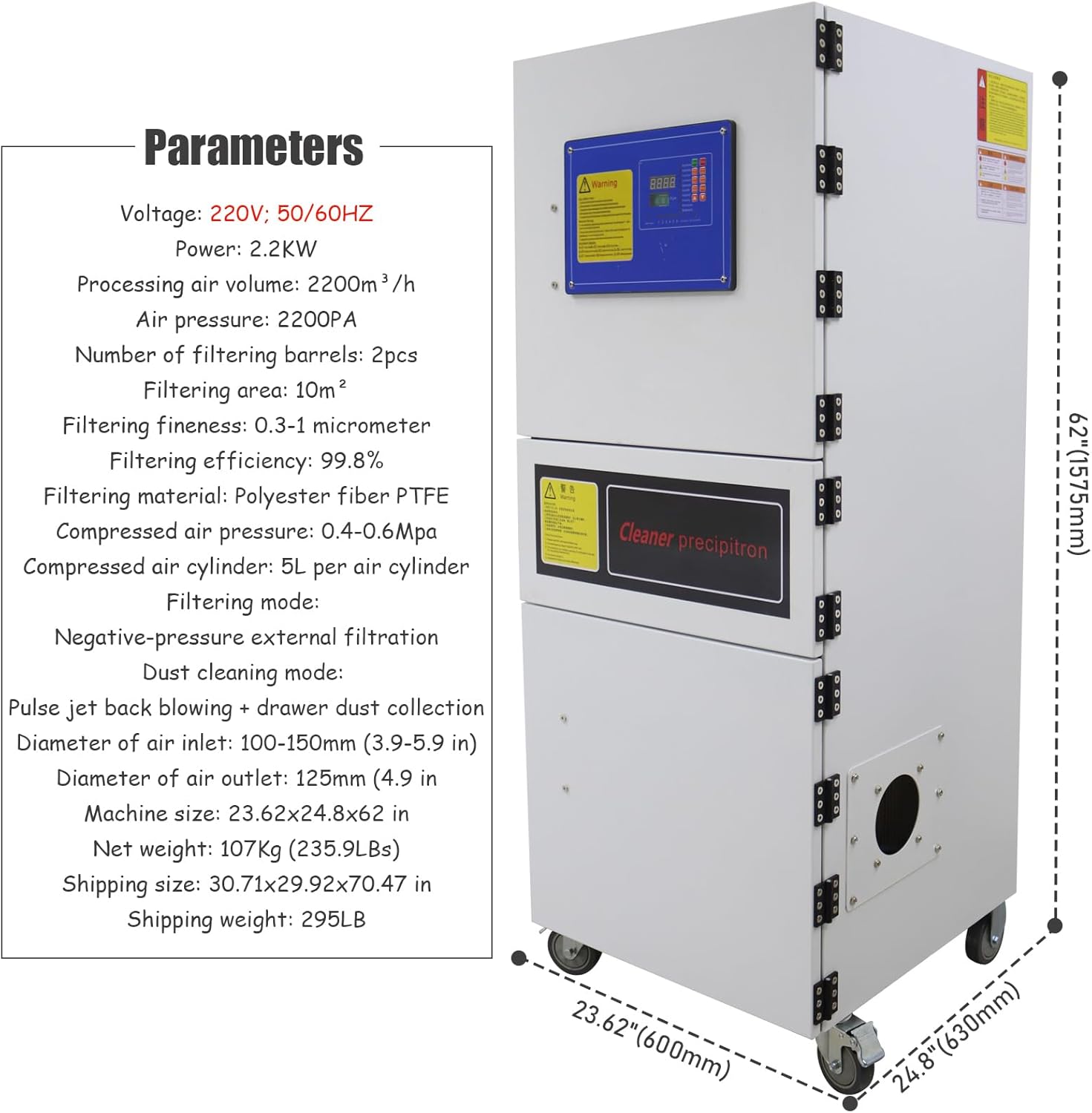 INTSUPERMAI Industrial Pulse Dust Collector 2.2KW 220V Pulse Jet Cleaning with PTFE Filter 99.8% Efficiency 2200m³/h Vacuum Cleaner for CNC Metal Cutting Grinding Dust Extractor Collector in Workshop
