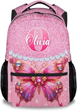 Personalized Backpack for Girls, Butterfly Backpacks for Kids, 17" Kids Bookbag for Elementary Preschool Kindergarten, Glitter School Bag for Toddler