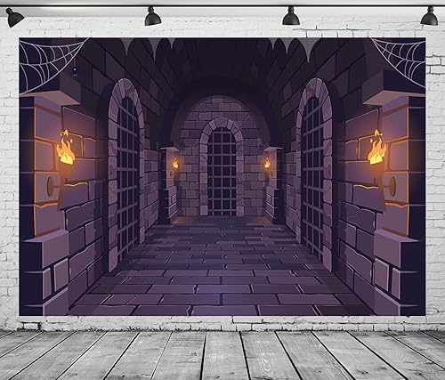 Miniatura 1 de BELECO Telón de fondo medieval de 7 x 5 pies para fotografía de dibujos animados, palacio antiguo, mazmorras, linternas, arco de piedra, bares,