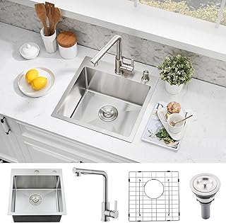 15×15 Inch Drop-In Stainless Steel Bar Sink with Faucet Combo - Top Moun...