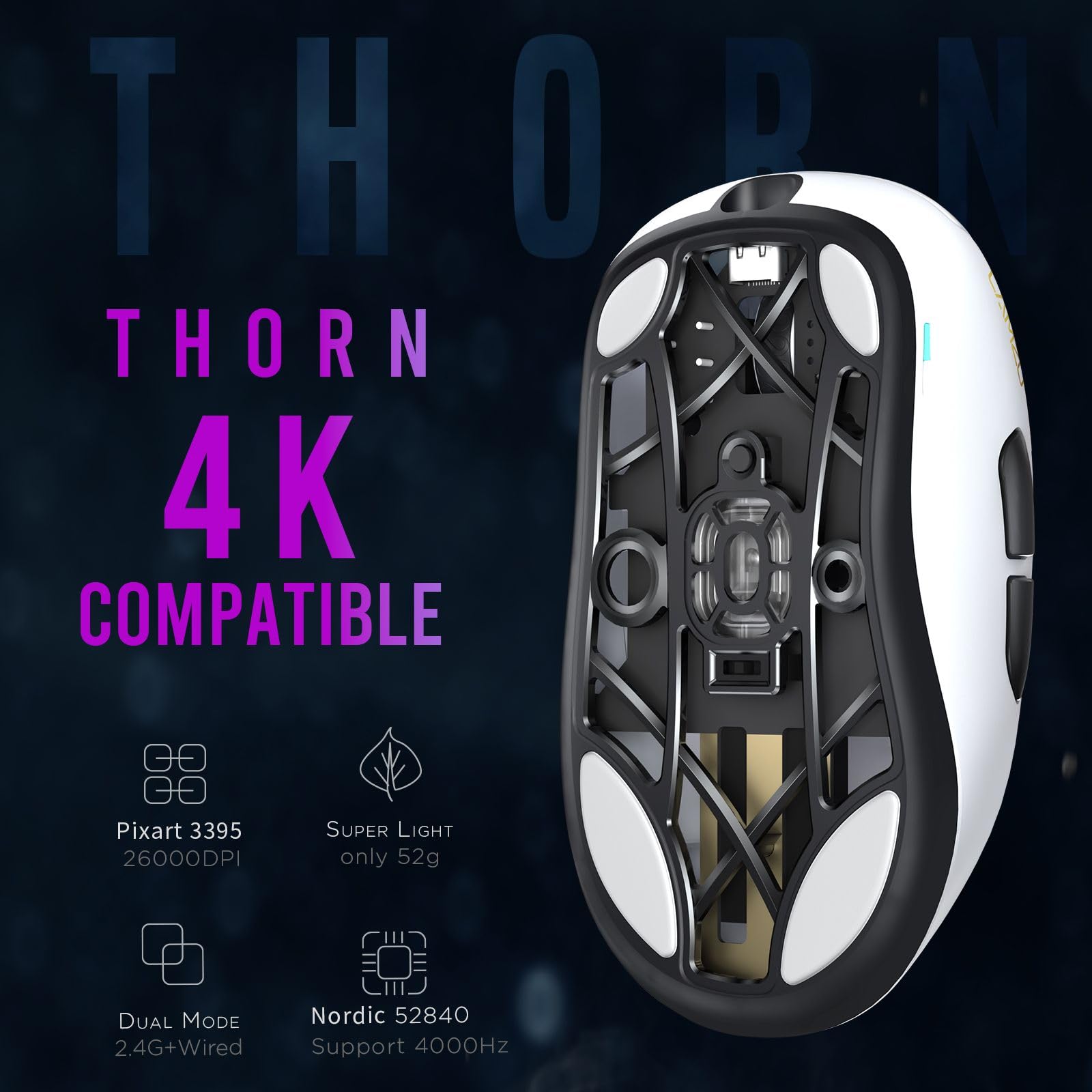 LAMZU Thorn ホワイトマウス4Kドングル付き Lamzu Thorn – bezprzewodowa lekka mysz z sensorem PixArt 3395
