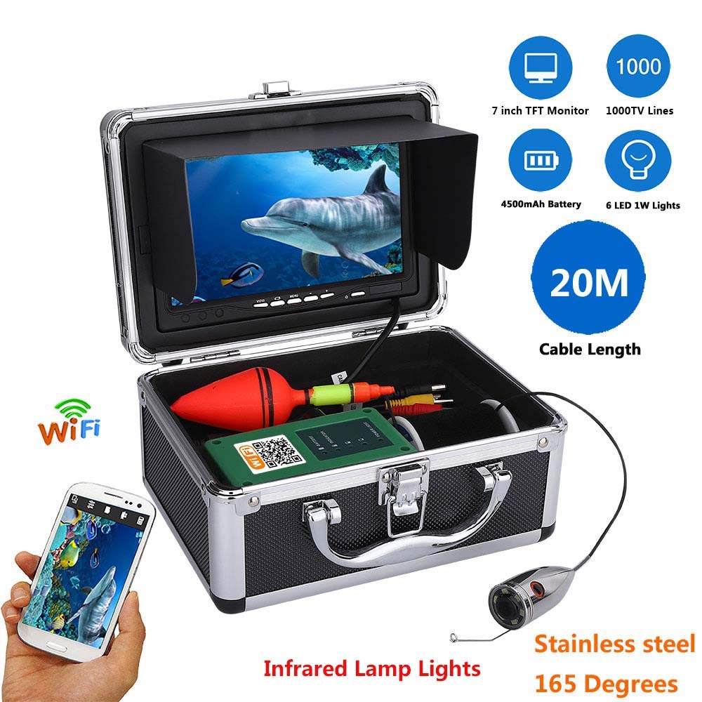 Podwodna Kamera, Wifi Podwodne Fish Fish Fish Fish Fish Dla monitora kolorowego Androida 7 "15/30/50 m kabel 100 0TVL. Fishfinder CAMEAR.,Echosonda(IR LED 20M Cable)
