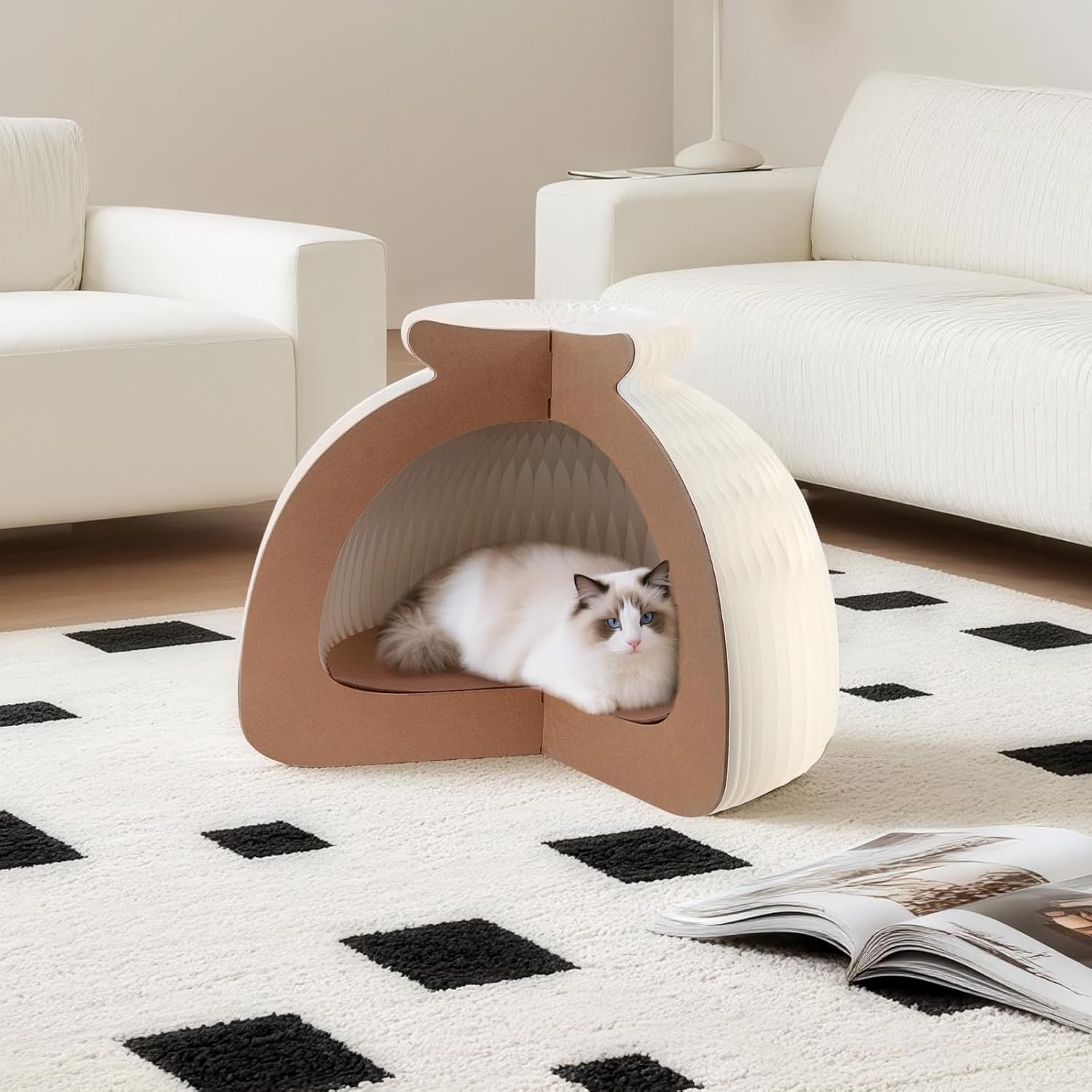 Cat Bed, Foldable Semi-Enclosed Cat House, Recyclable Paper Cardboard Cat Cave with Honeycomb & Felt Pad, Modern Pet Furniture, Cat Condos for Indoor Cats Birthday, Bunnies, and Small Animals
