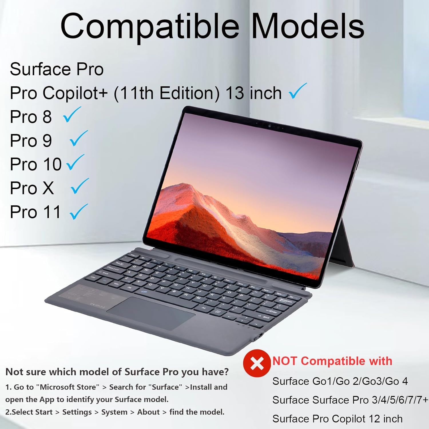 mobee Type Cover for Microsoft Surface Pro 13 inch, Compatible with Surface Pro 13"(11th Edition) / Pro 11 / Pro 10 / Pro 9 / Pro 8 / Pro X, Slim Keyboard with Trackpad Mouse & Pen Holder