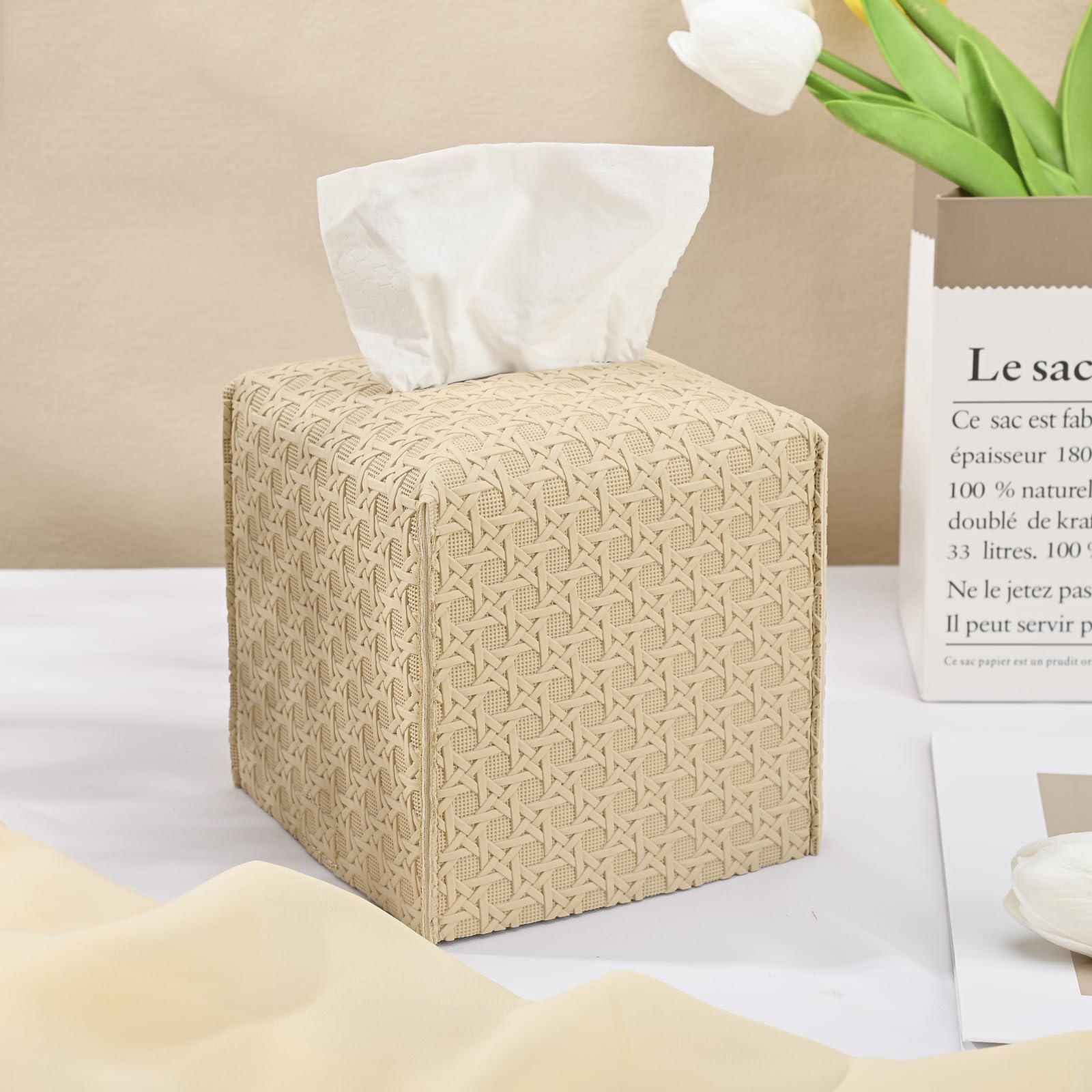 1 Pack Tissue Box Cover, Square PU Leather Tissue Holder, Decorative Facial Tissue Cube Paper Organizer Dispenser for Bathroom, Night Stands, Desk, Car 5X5X5'' - Rattan Weave, Beige