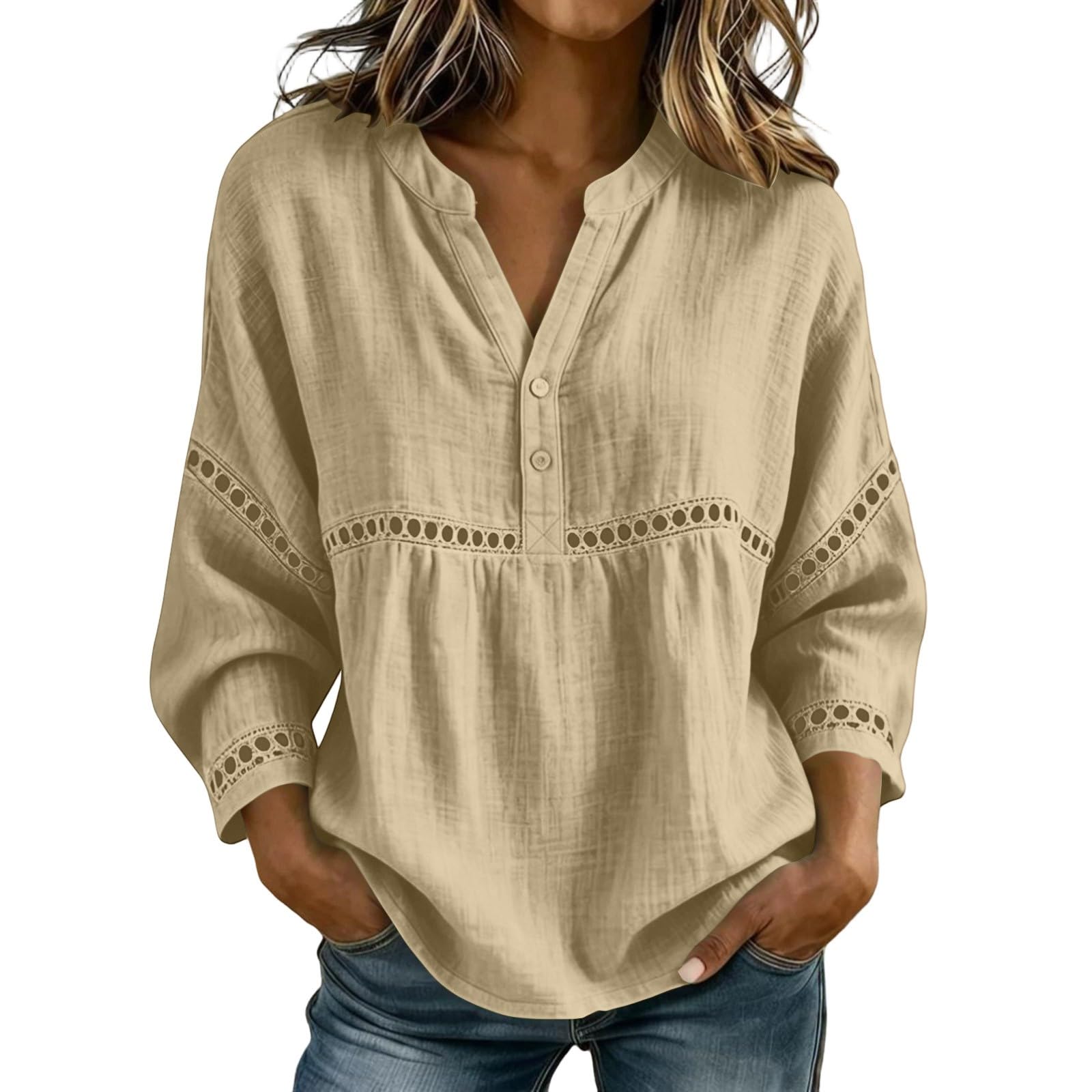Notch Collar Hollow Lace Insert Cotton Linen 3/4 Sleeve Womens Blouse