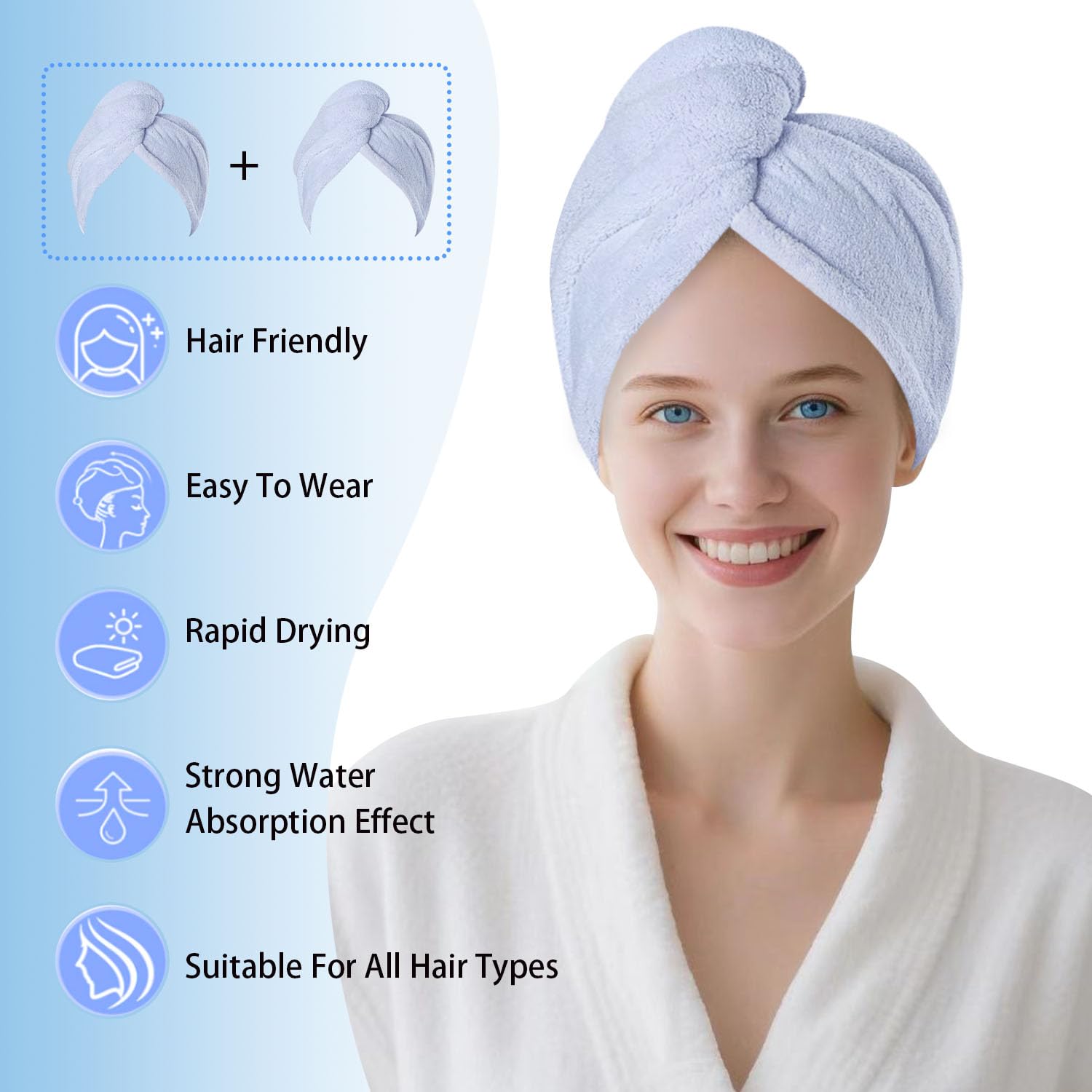 Mikrofaser-Handtuch, Haarturbane für nasses Haar, zum Trocknen von Haaren für Frauen, Blau, 2 Packungen