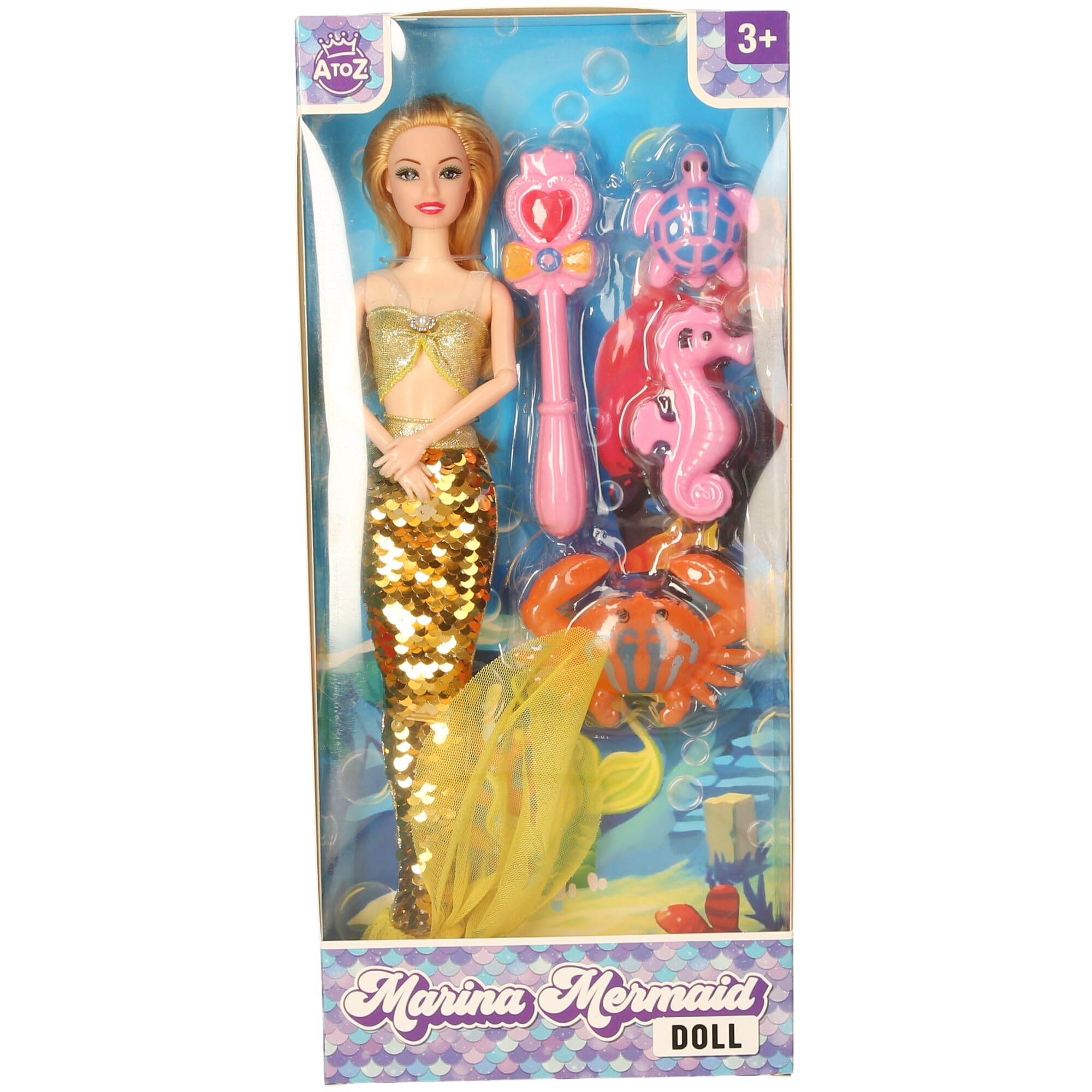 Atoz Marina Mermaid Doll & with Sequin Tail, Magic Wand and Sea Accessories, Ages 3+