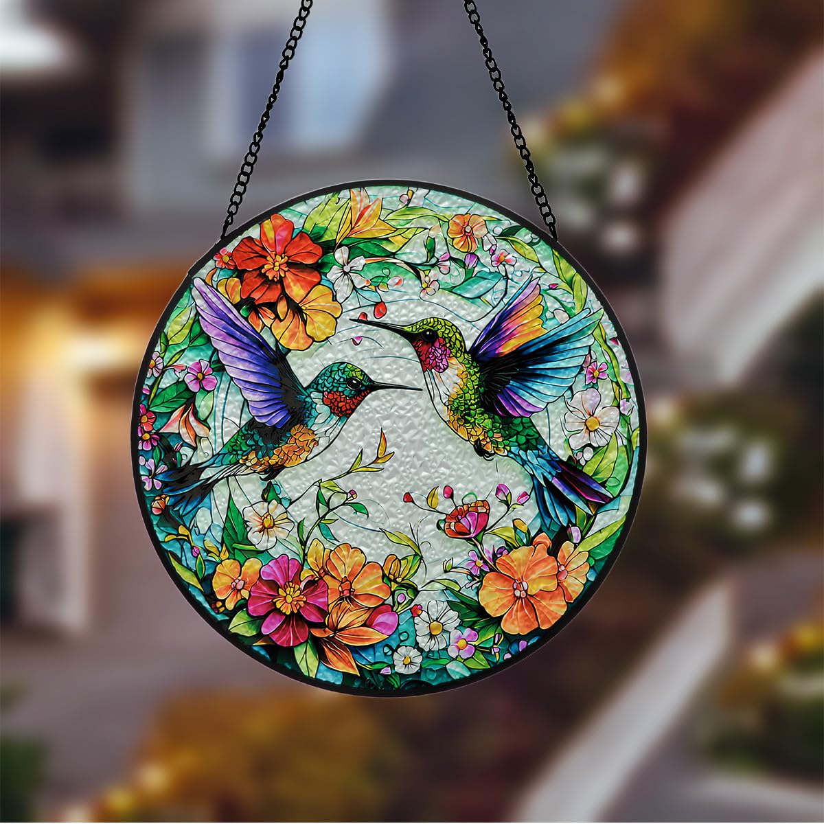 Hummingbird Stained Glass Window Hanging, Bird and Floral Wall Decor Suncatchers Round Wall Art for Windows, Gifts for Women, Grandma, Housewarming |