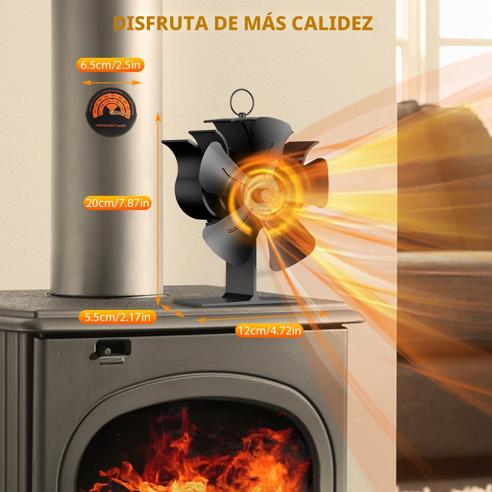 Ventilador de Estufa 5 Aspa, Ventiladores para Chimeneas Ventilador Estufa Leña para, Operación Silencioso Automático Estufas de Leña Ventilador Circulación de Aire Caliente Con Termómetro