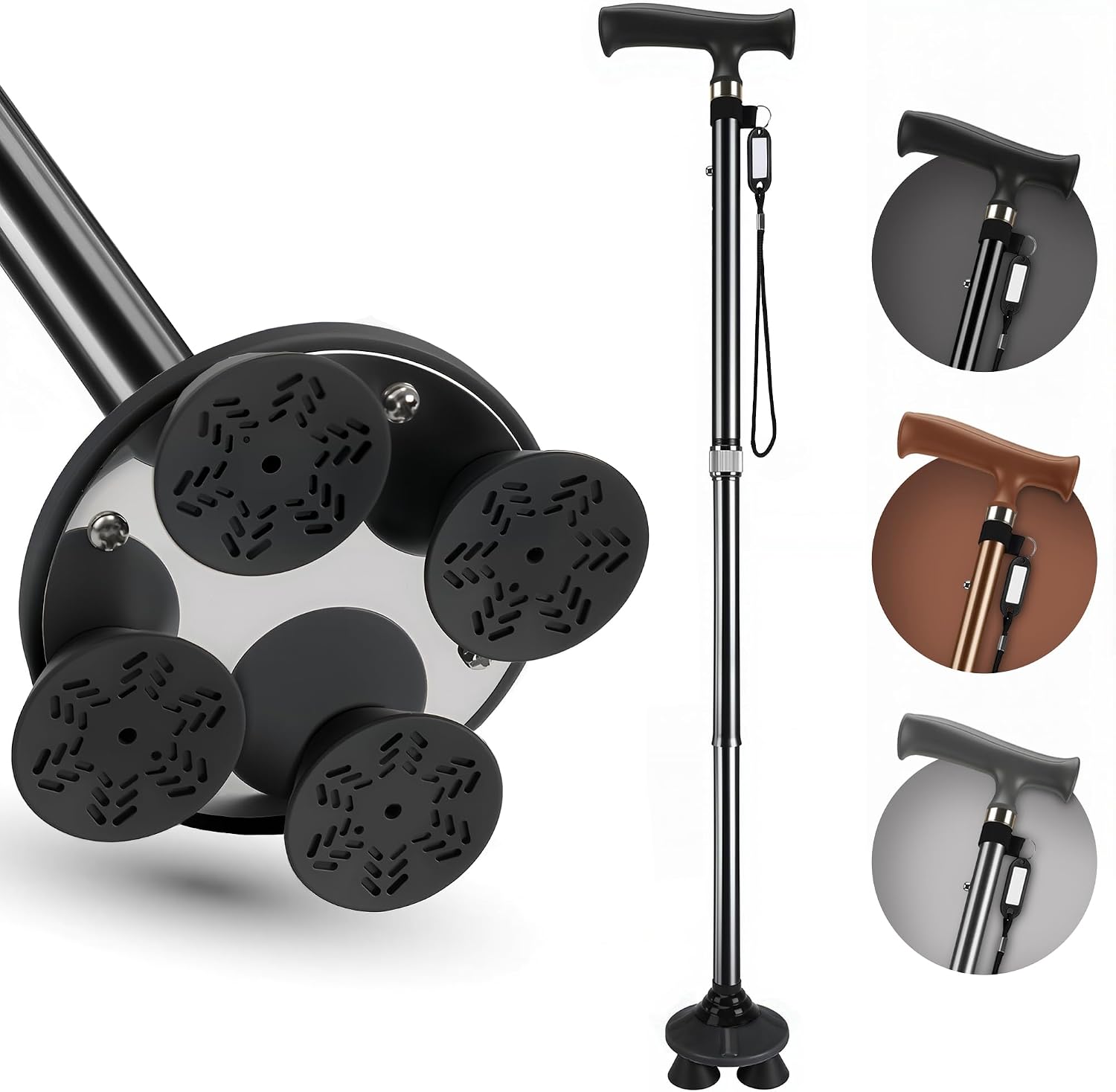 Walking Cane for Women & Men, Foldable Quad Cane for Seniors & Adults, Heavy Duty 440 lbs, Self Standing 4-Point Base with 360° Pivot, Adjustable Collapsible Walking Stick for Balance & Stability
