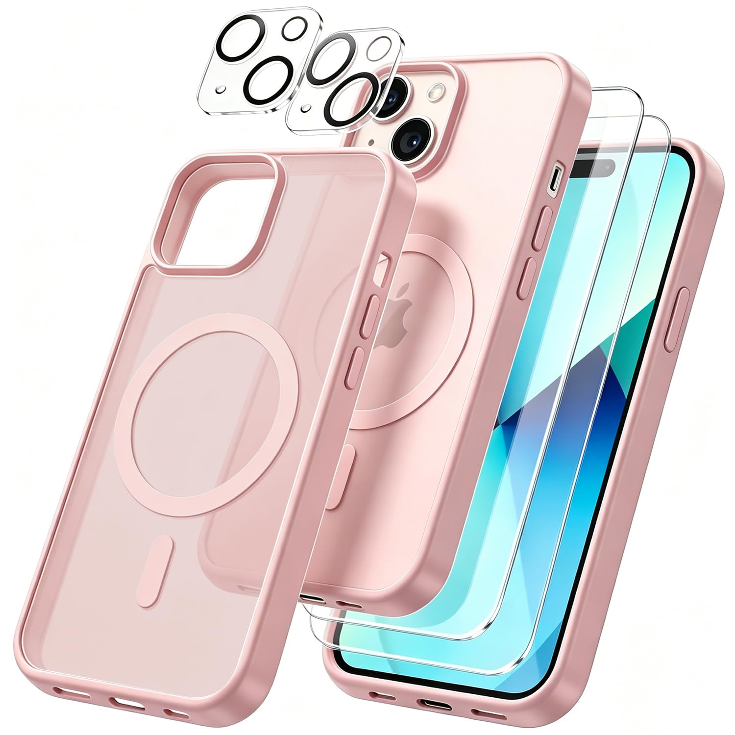 Cover per iPhone 13 Compatibile con 2 vetri temperati e 2 vetri per fotocamera, Translucent Matte Slim Back PC+TPU Bumper Shockproof Compatible Magnetic Cover per iPhone 13 - Rosa chiaro